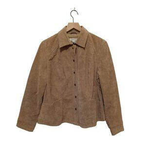 Coldwater Creek Tan Genuine Leather Suede Snap Front Long Sleeve Jacket Sz PL